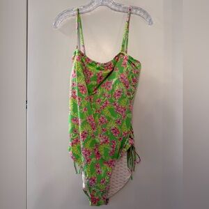 Lilly Pulitzer Seahorse Floral Green Pink Swimsuit Swim Bathing One Piece XL